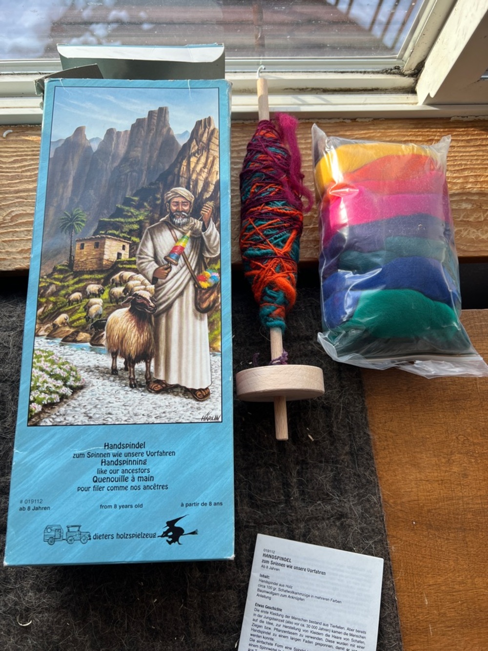 Handspindle Wooden Drop Spindle with Rainbow Wool